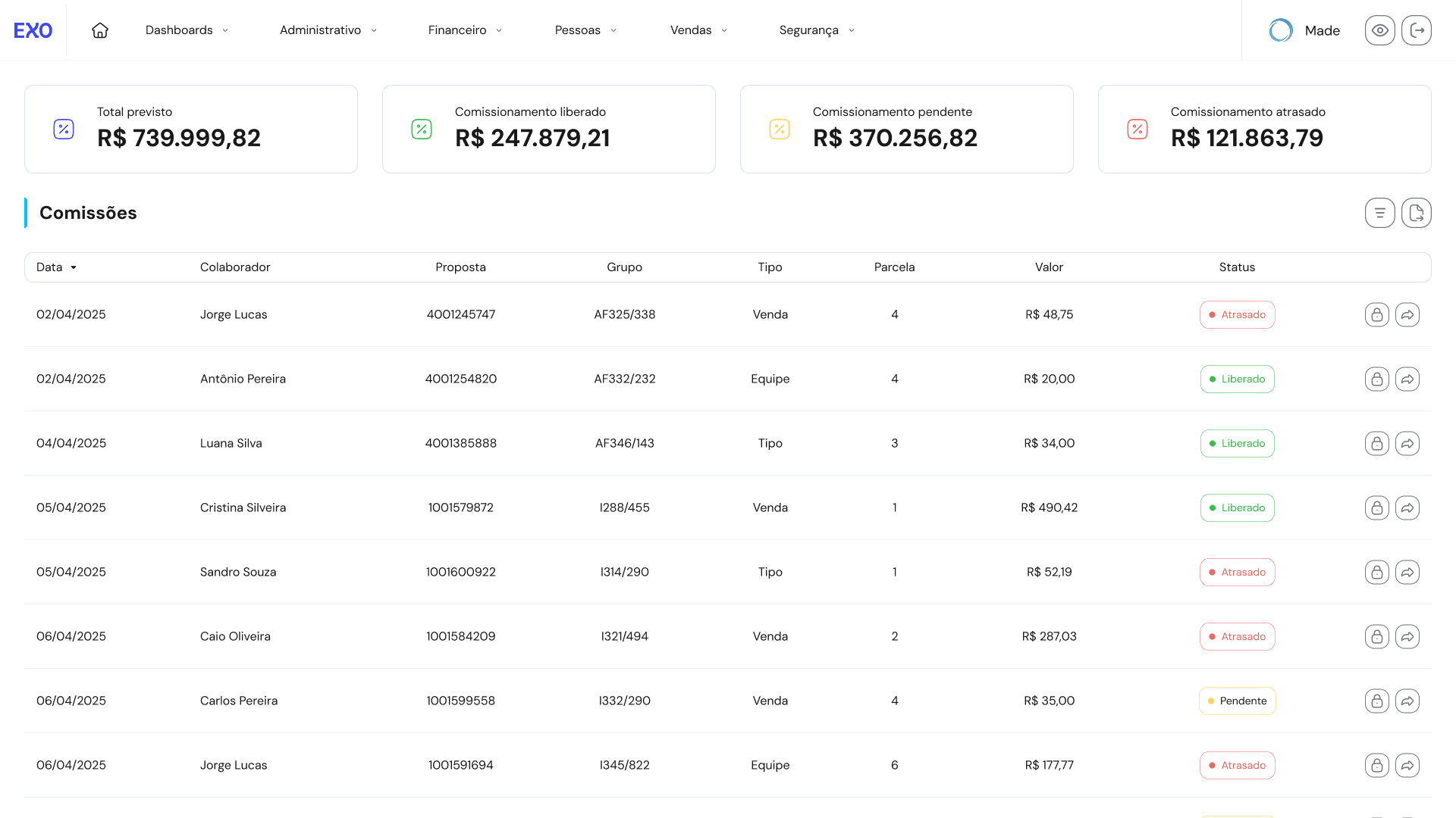Tela de comissões - EXO