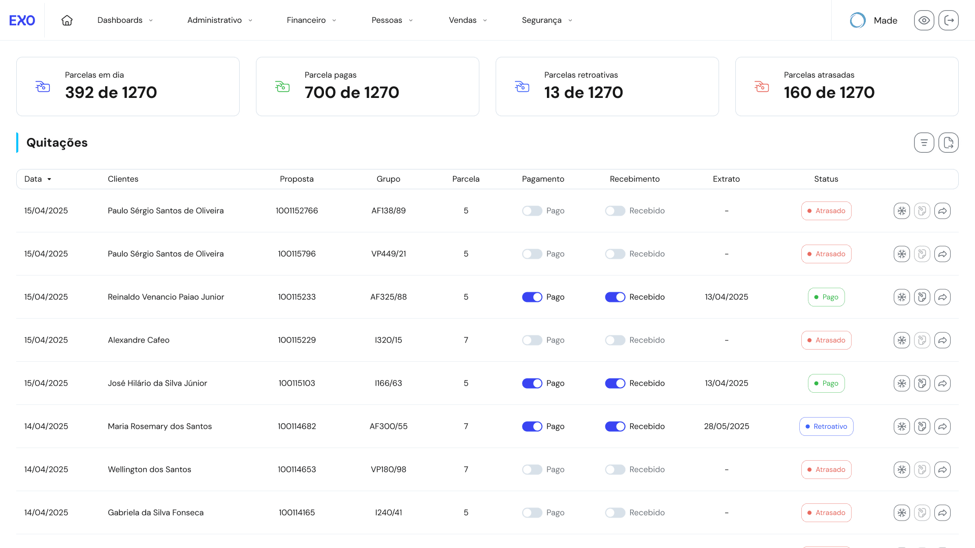 Tela de quitações - EXO